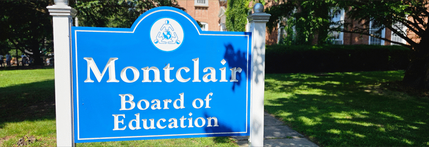 Montclair Board of Education sign outside district headquarters in Montclair, N.J.