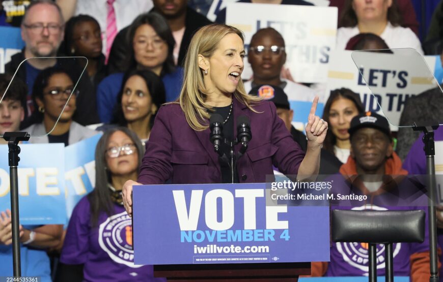 NEWARK, NEW JERSEY - NOVEMBER 01: New Jersey Democratic gubernatorial candidate, U.S. Rep. Mikie Sherrill (D-NJ) speaks during a Get Out the Vote Rally at Essex County College Gymnasium on November 01, 2025 in Newark, New Jersey.  Former President Obama attended a GOTV rally ahead of Tuesday's general election where Sherill is facing Republican candidate Jack Ciattarelli for governor of New Jersey to fill the vacancy being left by Gov. Phil Murphy. (Photo by Michael M. Santiago/Getty Images)