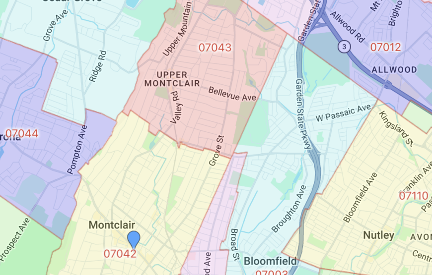 Map showing the Montclair, New Jersey ZIP codes 07042 and 07043, including Upper Montclair and surrounding areas such as Bloomfield, Cedar Grove, and Allwood.