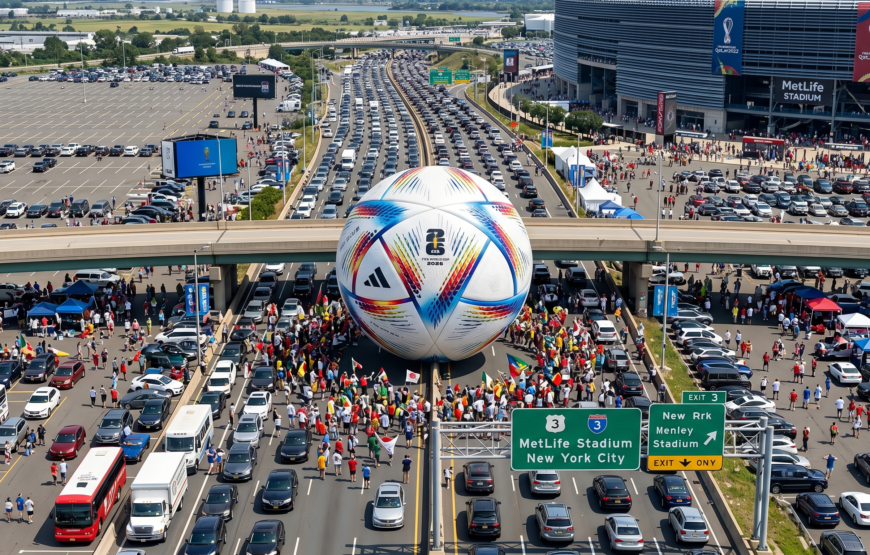 Official FIFA World Cup 2026 match ball displayed at MetLife Stadium in New Jersey ahead of tournament matches.