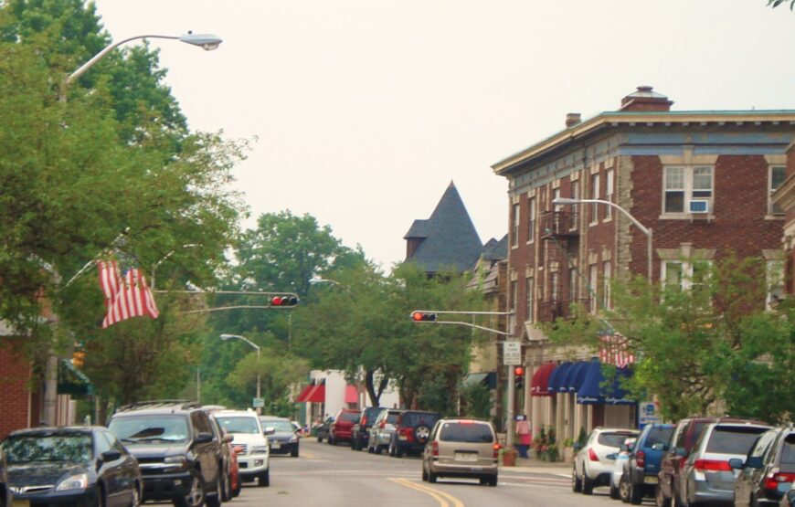 Downtown Montclair, New Jersey, featuring local businesses, historic buildings, and a walkable main street.