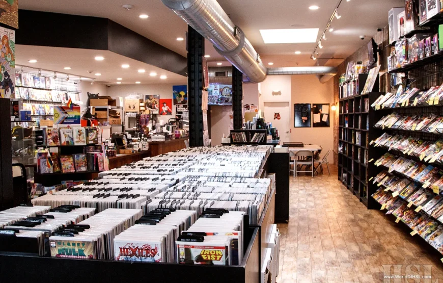 People browse comics and collectibles inside East Side Mags, where a free Pokémon play session takes place in Montclair.