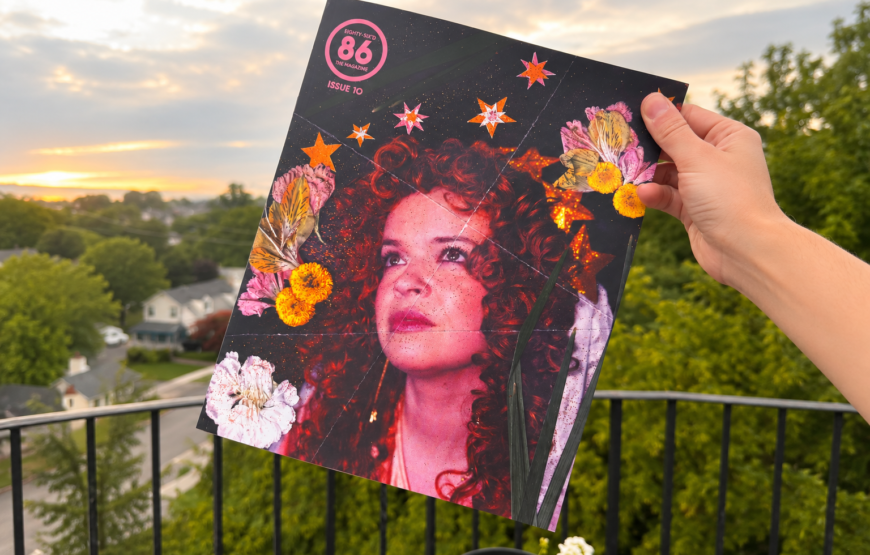 Cover of 86'd Magazine Montclair issue 10, a collage portrait with pressed flowers and stars.