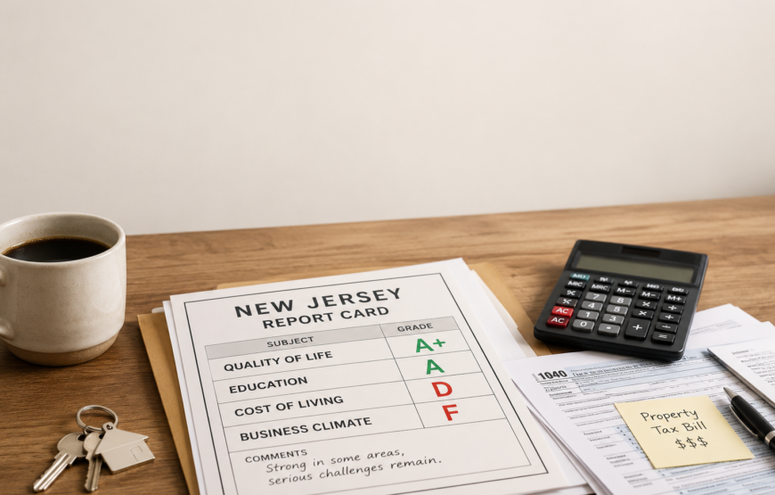 Editorial illustration of a New Jersey report card showing high grades for quality of life and education but low grades for cost of living and business climate.