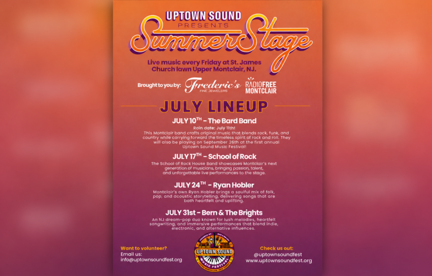 Promotional poster for Uptown Sound Summer Stage, a free Friday outdoor concert series at St. James Episcopal Church in Upper Montclair.