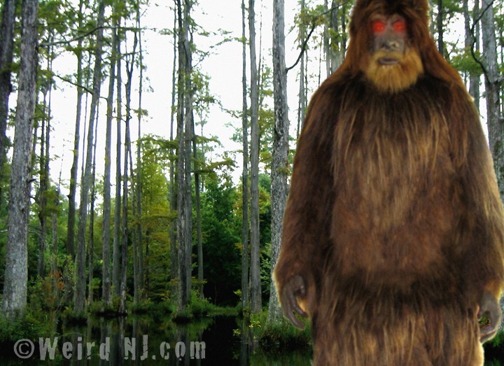 Illustration of the Big Red Eye, a Bigfoot-like creature with glowing red eyes reportedly spotted in Sussex County, New Jersey, featured by Weird New Jersey magazine.