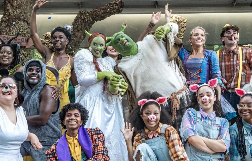 Cast of Shrek the Musical in full costume and makeup at the Montclair Theater Festival at Brookdale Park