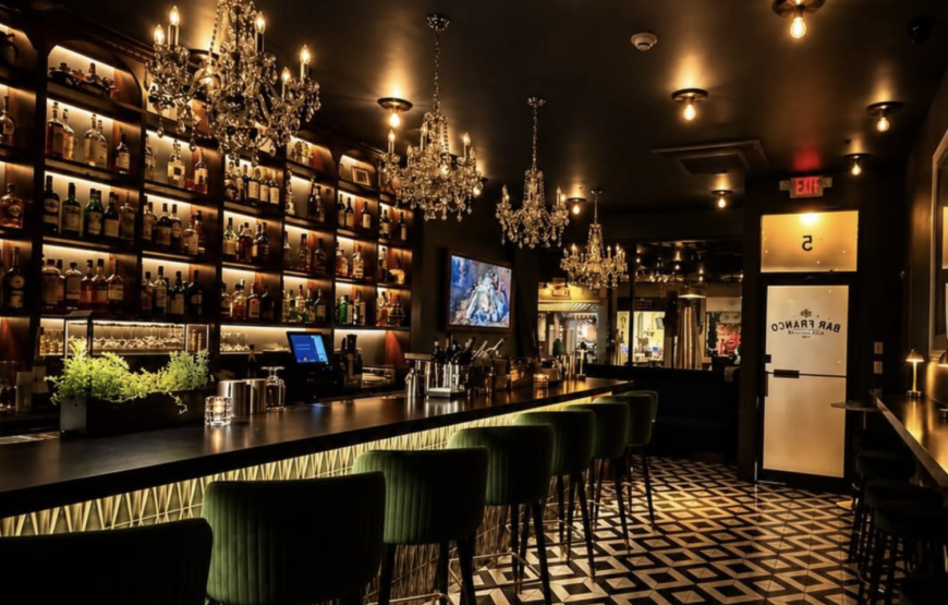 Bar Franco, one of the best bars in Montclair, NJ, with chandeliers and a fully stocked back bar