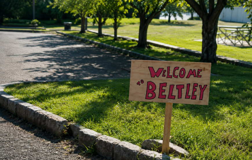 Welcome to Beltley sign in a grassy park area between Nutley and Belleville, New Jersey