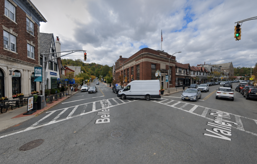 Upper Montclair intersection at Bellevue Avenue and Valley Road with local businesses and traffic