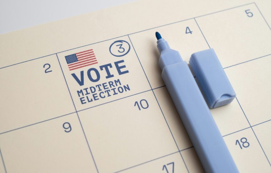 Calendar with Nov. 3 circled and marked “Vote Midterm Election” beside a blue marker, for the Montclair election 2026.