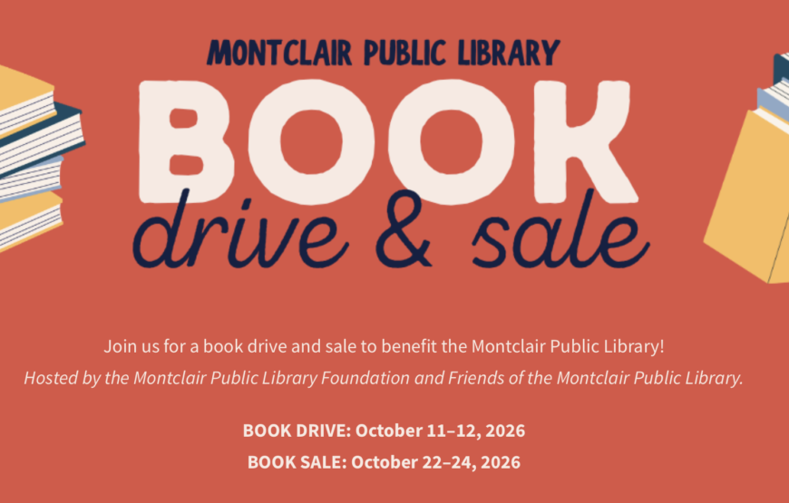 Montclair Public Library book drive and sale graphic with stacks of books and the October 2026 dates